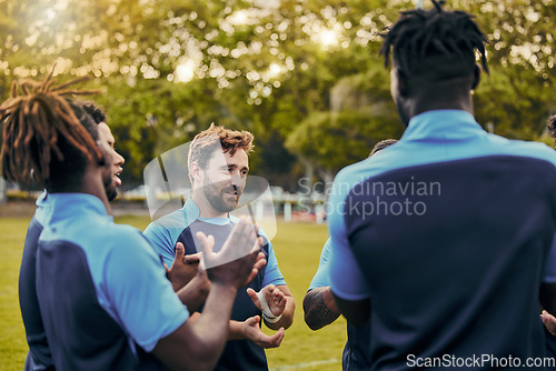 Image of Men, sports or applause rugby team on fitness break, exercise workout or talking in training game. Clapping, friends success or happy group of athletes bonding or speaking in practice match together