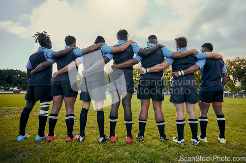 Image of Back view, men or rugby team in stadium with support, unity or pride ready for a sports game together. Fitness, solidarity or proud players in line for match, workout or exercise on training field