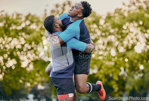 Image of Rugby men, hug and celebration at game for winning, teamwork and success on field for sports. Team building, jumping and support for sport friends, goals and winner to celebrate achievement together