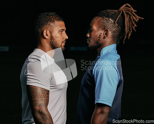 Image of Profile, rival and a sports black man facing his opponent while looking serious in studio on a dark background. Face, challenge or conflict with a male athlete and competitor ready for competition