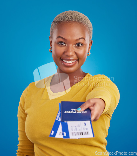 Image of Giving, travel passport and portrait of black woman in studio with flight documents, tickets and boarding ID. Traveling agency, smile and girl for immigration, opportunity and international vacation