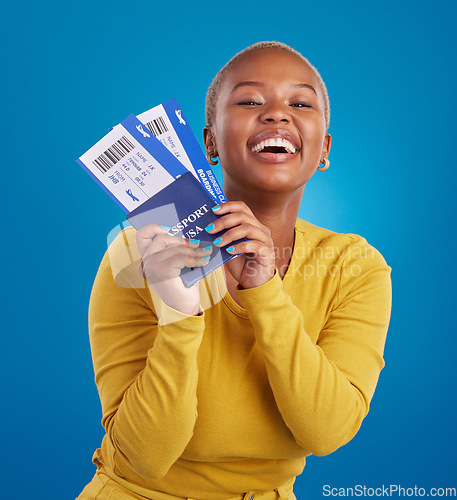 Image of Portrait, passport and black woman with tickets smile in studio with flight, boarding documents and ID. Traveling mockup, happy and girl celebrate immigration, USA holiday and international vacation