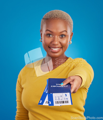 Image of Giving passport, travel tickets and portrait of black woman in studio with flight documents, boarding pass and ID. Traveling agency, hand out and girl smile for immigration, holiday and global trip