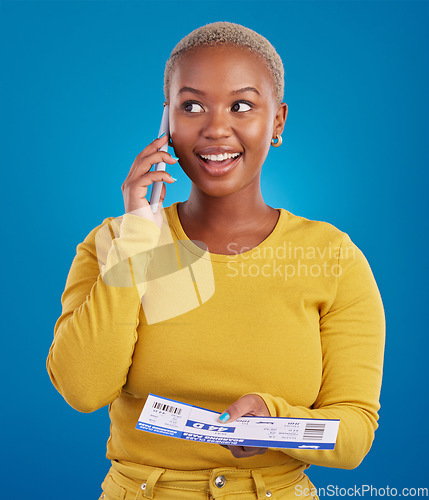 Image of Phone call, travel ticket and black woman in studio with flight documents, boarding pass and passport. Traveling agency, online booking and girl on smartphone for immigration, holiday and global trip