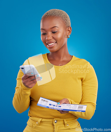 Image of Travel passport, smartphone and black woman in studio on blue background with flight documents, tickets and ID. Traveling mockup, online booking and girl for immigration, holiday and global vacation