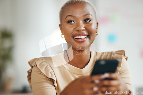 Image of Black woman, office and phone for texting with thinking, smile and social network ux with happiness. Businesswoman, smartphone app and email for web chat, blog post and excited for networking at job