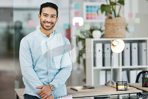 Image of Happy, business and portrait of man in office for startup, confident and positive. Pride, corporate and entrepreneurship with male employee standing in agency for management, expert and director
