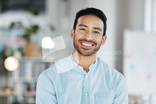Image of Happy, smile and portrait of man in office for startup, confident and positive. Happiness, corporate and pride with face of male employee standing in agency for management, expert and director