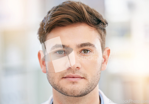 Image of Face, serious doctor and portrait of man in hospital for wellness, medicine and medical care. Healthcare mockup, insurance and closeup of health worker in clinic for consulting, trust and support