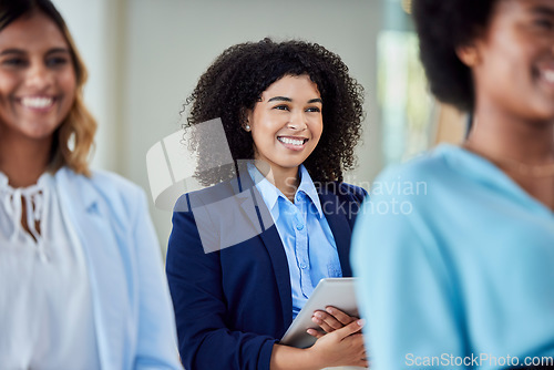 Image of Business woman, tablet and audience in seminar for meeting, staff training or team planning at office. Happy female employee holding touchscreen in workshop with smile for presentation at conference