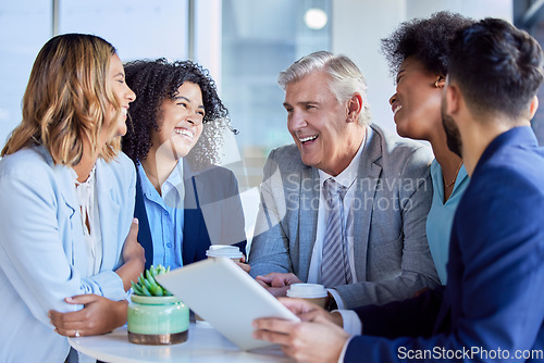 Image of Business people, tablet and laughing for funny meme, joke or social media post together at the office. Corporate CEO laugh with employees on touchscreen for fun comedy or team building at workplace