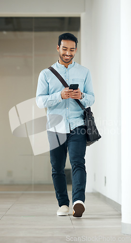 Image of Phone, walking and young man typing on online communication, networking or reading social media post. Asian man or worker on smartphone, cellphone or mobile app chat for website, opportunity or news