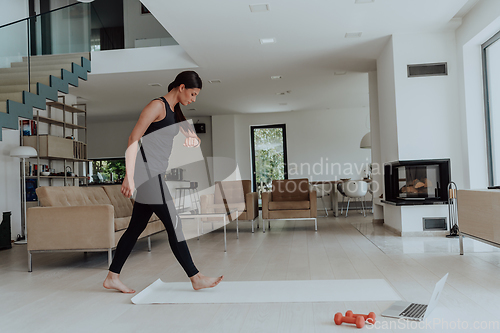 Image of Young Beautiful Female Exercising, Stretching and Practising Yoga with Trainer via Video Call Conference in Bright Sunny Loft Apartment. Healthy Lifestyle, Wellbeing and Mindfulness Concept.