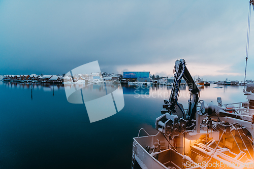 Image of Traditional Norwegian fisherman's cabins and boats