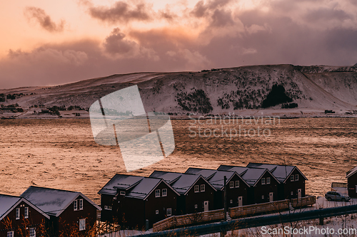 Image of Traditional Norwegian fisherman's cabins and boats