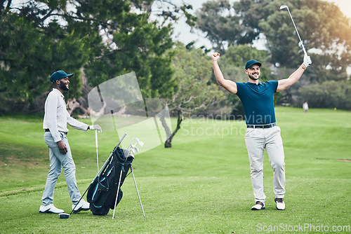 Image of Golf course, men friends and celebration for winning, eagle shot or training together with happiness. Black man, golfer and field for sports, celebrate goal and winner at competition with diversity