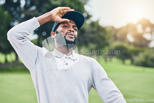 Image of Man, golf course and disappointment for shot at game, sport or angry for mistake competition on outdoor field. Professional African golfer, stress or anger at contest for fail, games or training