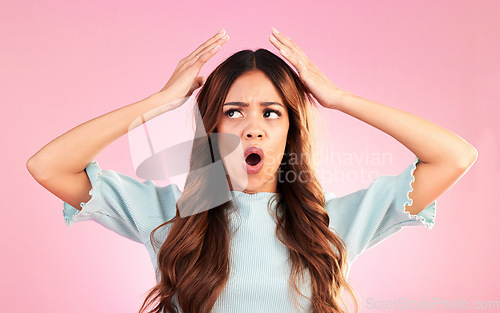 Image of Wow, confused and woman in studio surprised, omg and mind blown gesture on pink background. Wtf, shocked and open mouth by girl shocked, puzzled or with doubt emoji, decision or choice while isolated