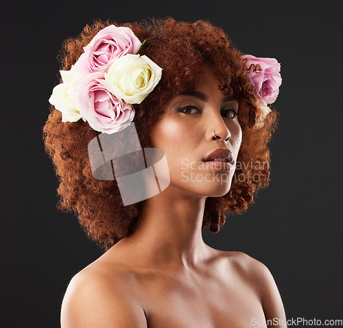 Image of Face, skincare and flowers with a model woman in studio on a dark background for natural beauty. Wellness, luxury and portrait with an attractive young female wearing a flower crown or wreath