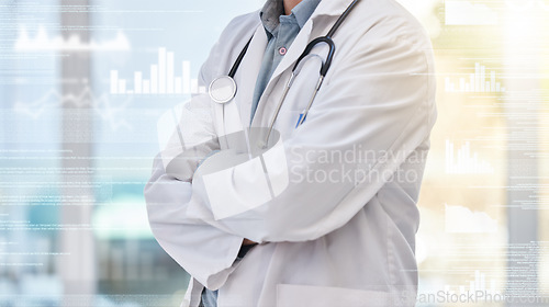 Image of Doctor, healthcare and hologram with arms crossed, man and overlay, graph and medical professional. Health infographics, data and statistics, digital transformation with medicine research in hospital