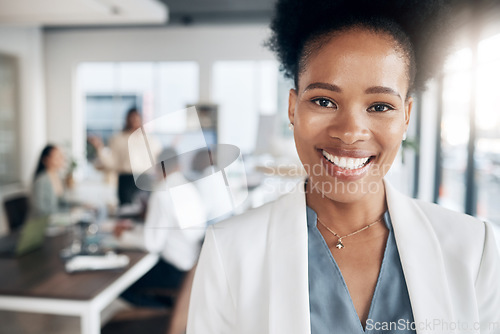 Image of Office meeting, black woman leader portrait and workforce manager in conference room with staff. Success, management and proud ceo feeling happy about workplace teamwork strategy and company growth