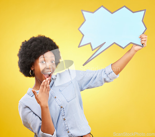 Image of Wow, speech bubble and portrait of black woman in studio with mockup for social media, advertising or space. Face, poster and shocked girl with billboard for news or announcement on yellow background