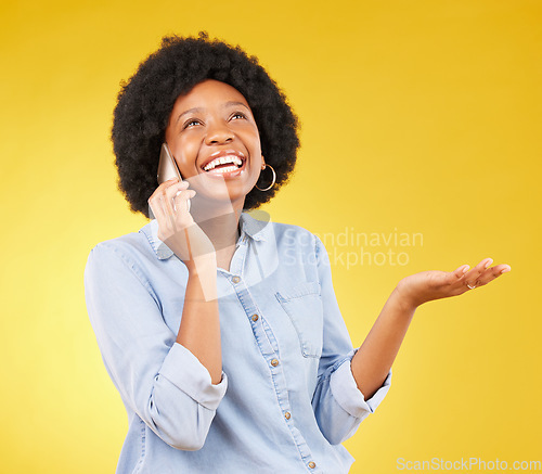 Image of Phone call, black woman or hands gesture for mock up space, advertising mockup or marketing promotion. Communication, happy or talking person laugh with product placement deal on yellow background