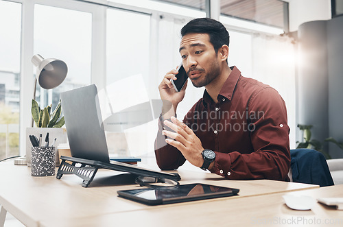 Image of Phone call communication, stress and laptop person talking to tech contact for computer problem, 404 error or database crash. System crisis, reading and man consulting on website or software fail