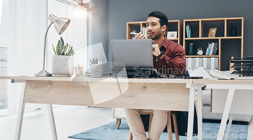 Image of Speaker phone call, communication and business man networking, listening and consulting with digital contact. Voice note, speaking and focused person, consultant or manager talking in conversation