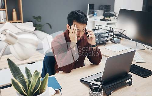 Image of Phone call stress, frustrated or man talking to tech contact for computer glitch, user database error or 404 system crash. Crisis, communication problem or person consulting on website software fail