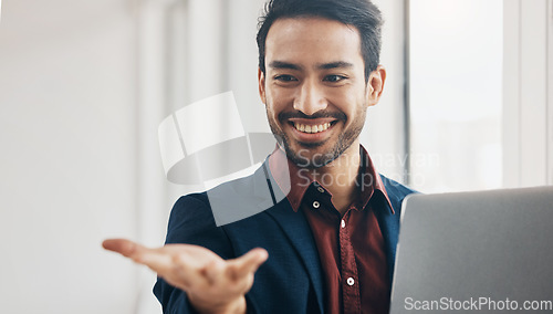 Image of Invisible hologram, hand and business man in office with gesture for digital, virtual tech and ai. Networking, 3d technology mockup and happy male at desk with laptop for internet, research and ux