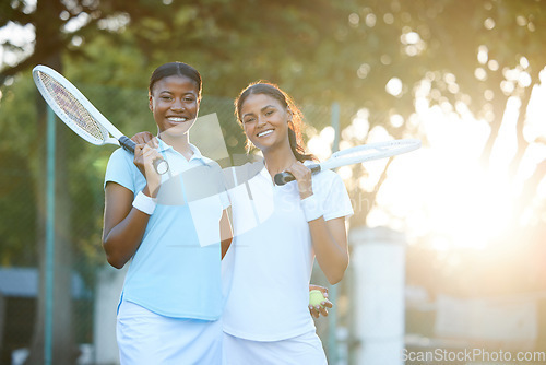 Image of Tennis, team and happy in portrait with women outdoor, sun and lens flare with sports and fitness, collaboration and hug. Exercise, female smile with athlete and workout with partnership and racket