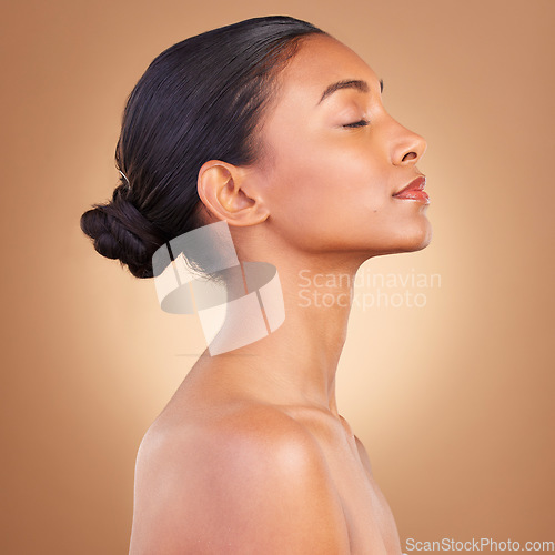 Image of Beauty, makeup and profile of Indian woman for skincare, wellness and facial treatment in studio. Dermatology, luxury spa mockup and isolated face of girl with healthy skin, cosmetics and confident