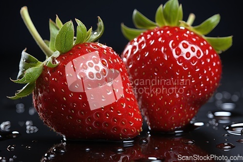 Image of Wet red strawberries on black