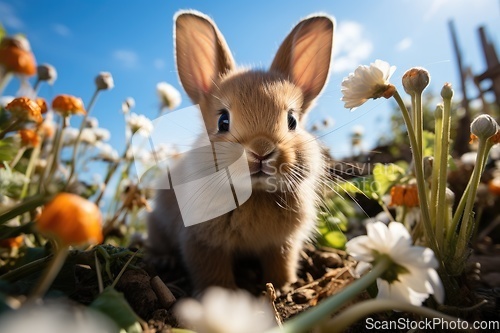 Image of Easter rabbit on flowers field