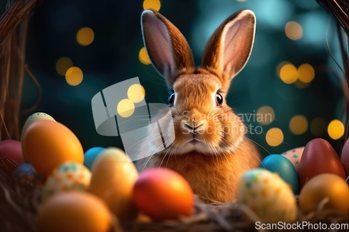 Image of Rabbit in basket with easter eggs