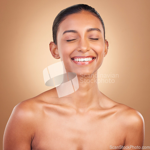 Image of Skincare, beauty and face of Indian woman with eyes closed for wellness, healthy skin and facial treatment. Dermatology, luxury spa and isolated happy girl smile with makeup, cosmetics and wellness