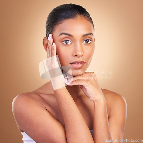 Image of Skincare health, natural beauty and woman portrait in a studio for wellness and dermatology. Cosmetics, model and facial glow of a person self care, makeup and healthy face shine from cosmetology