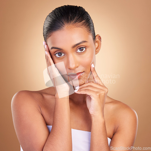 Image of Skincare glow, natural beauty and woman portrait in a studio for wellness and dermatology. Cosmetics, model and facial of a young person self care, makeup and healthy face shine from cosmetology