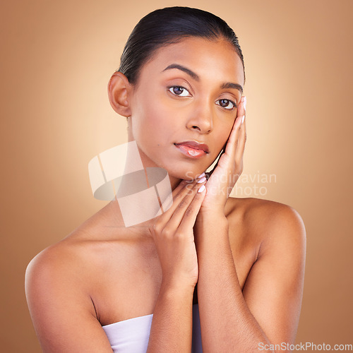 Image of Skincare, self care beauty and woman portrait in a studio for wellness and dermatology. Cosmetics, model and facial glow of a young person with makeup and healthy face shine from cosmetology