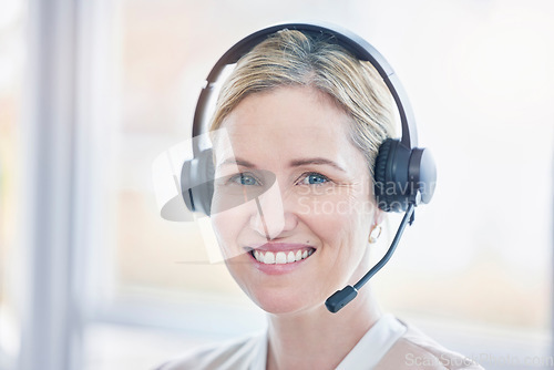 Image of Call center, portrait and happy woman, consultant or agent in customer support, virtual communication and consulting service. Online tech advisor, telecom person or friendly worker face in headset