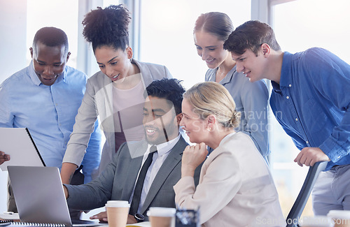 Image of Business people, laptop and collaboration in meeting, planning or idea for team strategy at office desk. Group of diverse employee workers sharing ideas in teamwork on computer for project plan