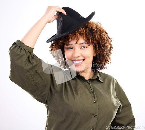 Image of Black woman, smile and portrait with a hat in studio for fashion, style and happiness or beauty. Face, happy model or person isolated on white background with stylish accessory, kindness and respect