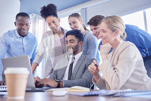 Image of Business people, laptop and team support in meeting for collaboration, planning or strategy at office. Group of diverse employee workers sharing idea in teamwork on computer for schedule project plan