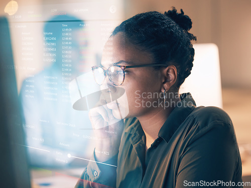 Image of Overlay, programming and coding with a black woman developer thinking while working on a ux, ai or 3d interface. Computer, software and data with a female employee or programmer reading code at work