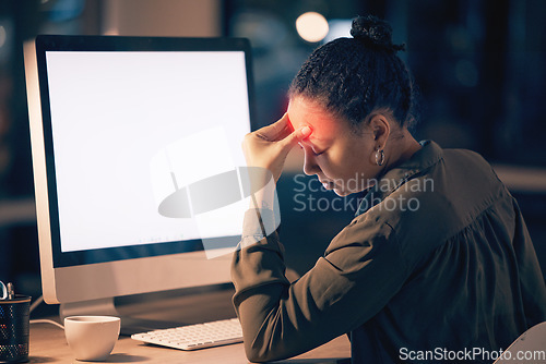 Image of Woman, headache and computer mockup screen in stress, burnout or suffering pain at night by office desk. Businesswoman touching painful head by desktop PC with copy space display at workplace