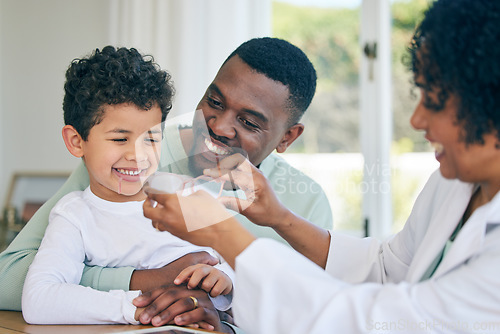 Image of Father, boy child and optometrist for glasses, eye care and fitting frame with smile, happiness or healthcare. Black man, ophthalmologist woman or kid with service, lens or happy for choice at clinic