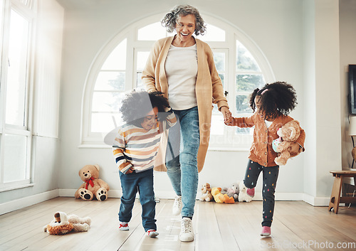 Image of Happy family, grandmother and children play hopscotch in home having fun, enjoy games and relax in bedroom. Bonding, entertainment and grandma with kids for jumping, playing and numbers activity