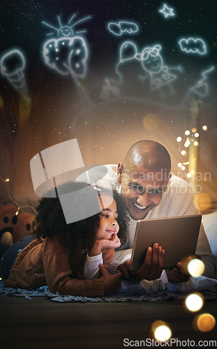 Image of Night, tablet and smile with father and daughter in blanket tent for connection, happy and streaming cartoon. Creative, app and fairy lights with man and girl at home for youth, internet and online