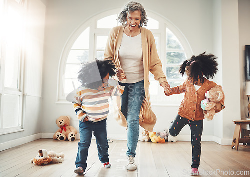 Image of Hopscotch, happy and children play with grandmother in home having fun, enjoy games and relax together. Happy family, childhood and kids with grandma for jumping game, balance and numbers activity